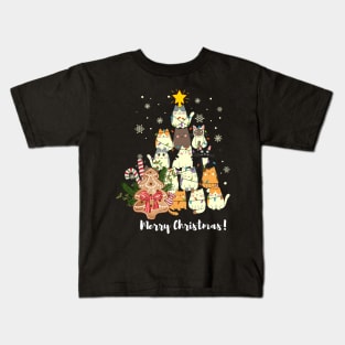 Christmas Cat Trees, Cute Merry Christmas & Trees, White Christmas Trees Design, premium unisex kitten xmas tee, Kids T-Shirt